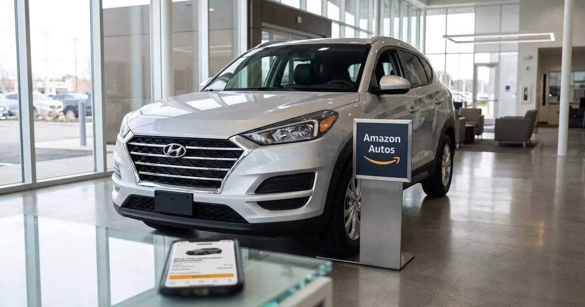 Silver Hyundai Tucson in a dealership showroom beside an Amazon Autos sign, with an Amazon order confirmation on a phone