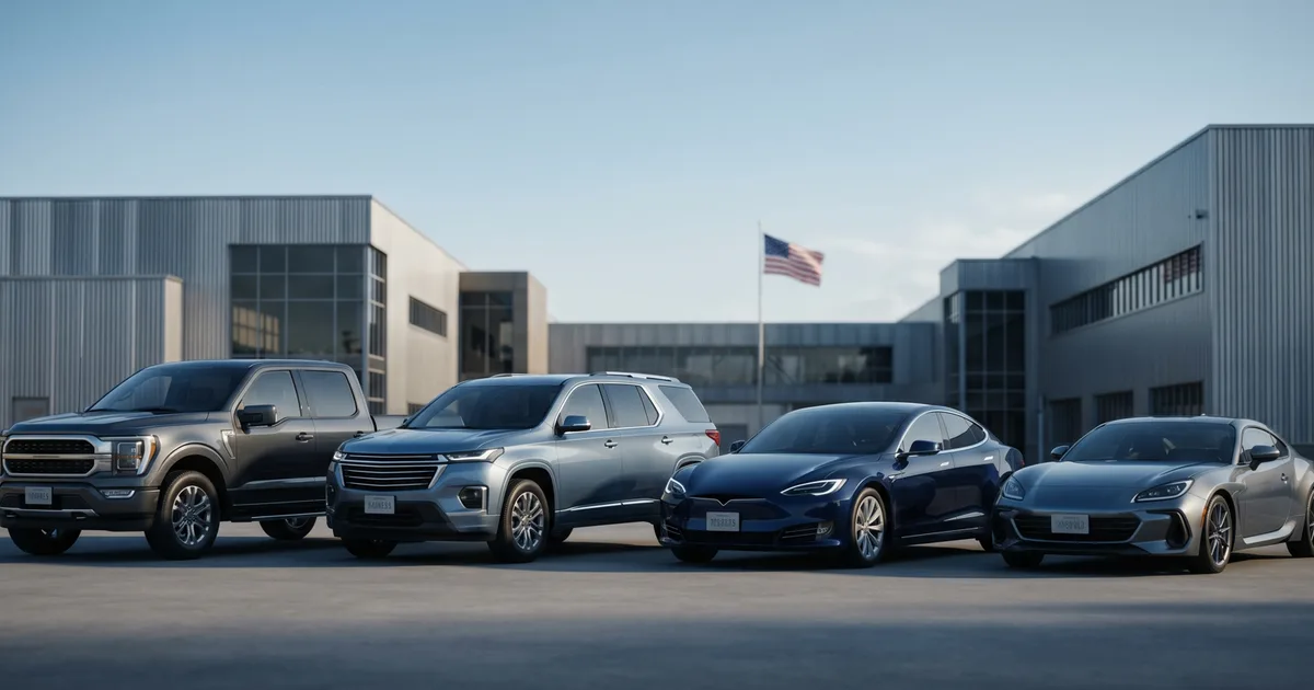 A lineup of American-made cars including a pickup truck, SUV, and sports car parked in front of a US assembly plant