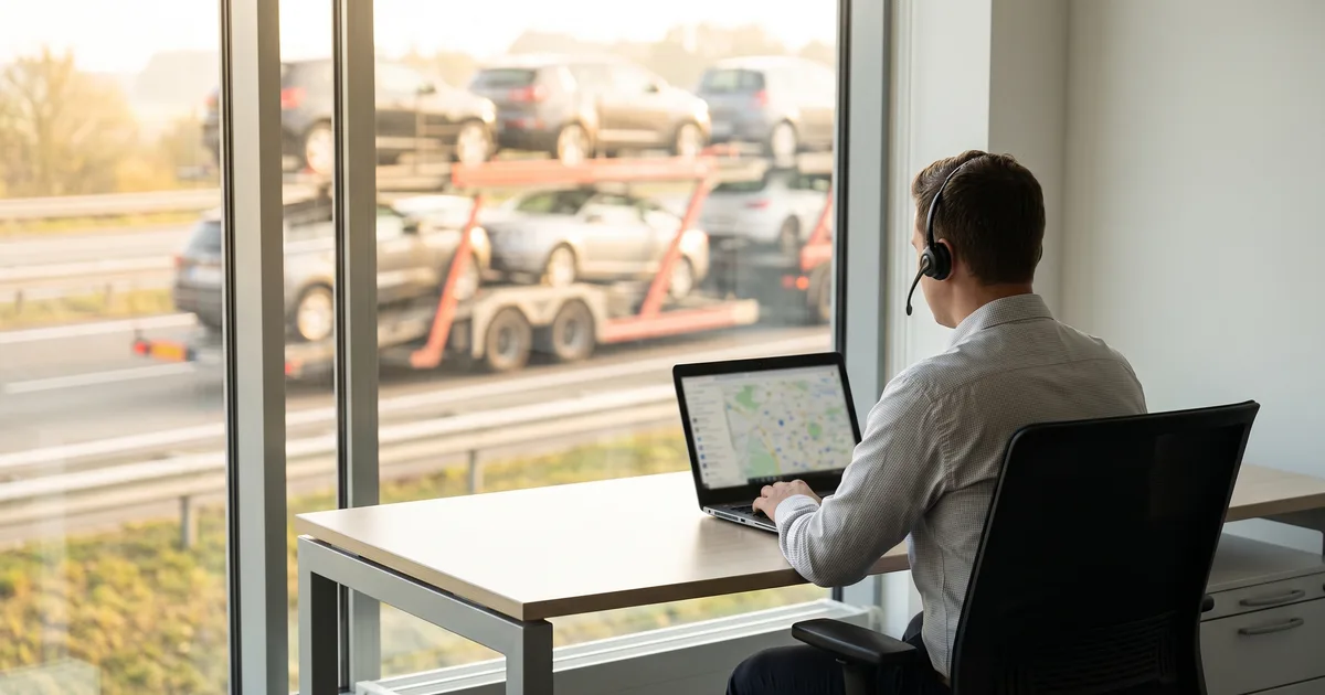 Auto transport broker coordinating a vehicle shipment between a customer and a car carrier