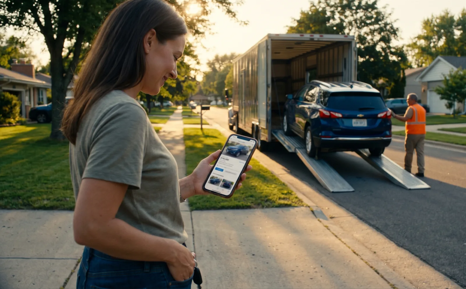 Buyer checking a used car website listing on her phone as the matching SUV is unloaded from an auto transport trailer in her driveway