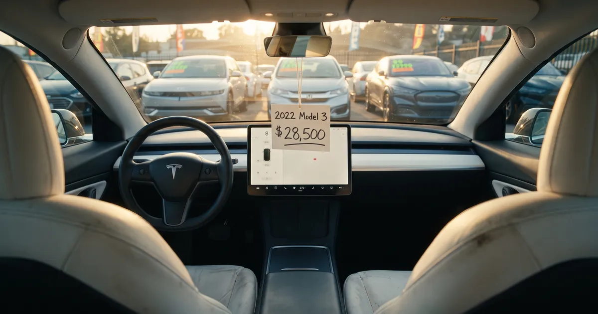 Interior of a used 2022 Tesla Model 3 with a $28,500 price tag hanging from the mirror, looking out at a used EV lot with a Hyundai Ioniq 5 and Ford Mustang Mach-E