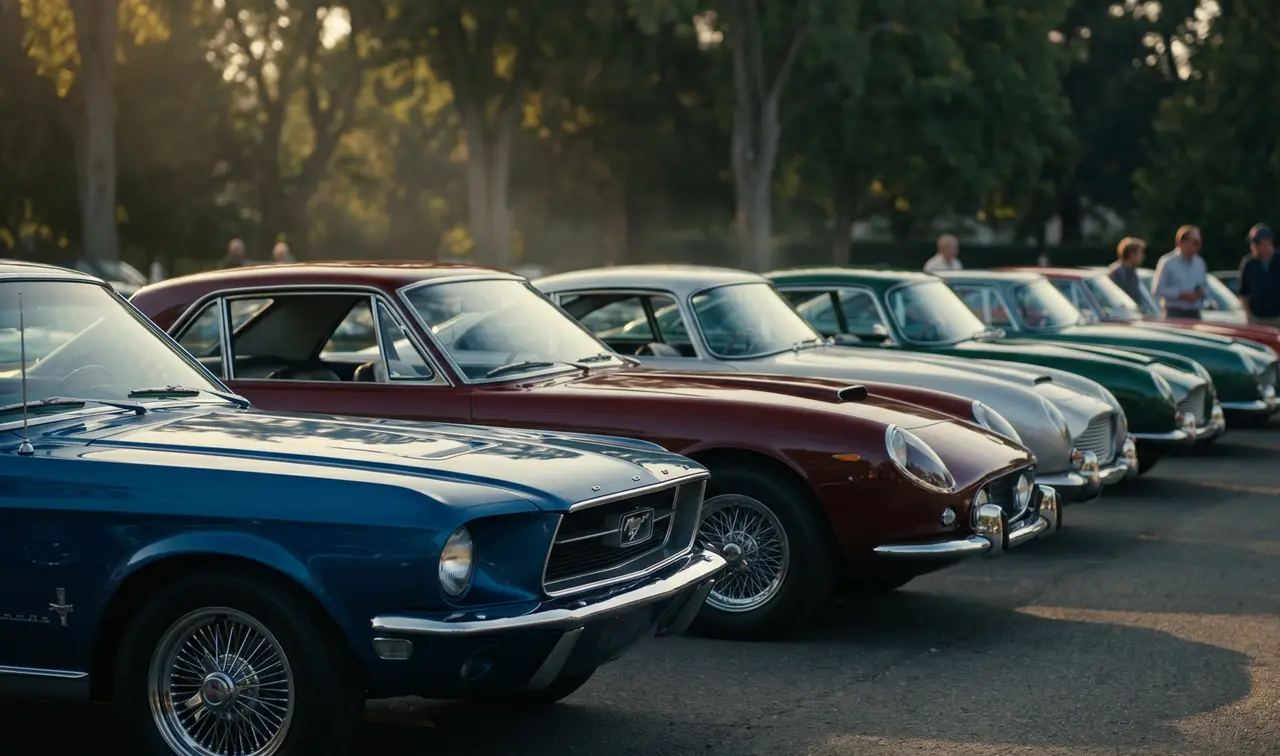 Row of classic vintage cars including American muscle and European sports models lined up at a collector car show