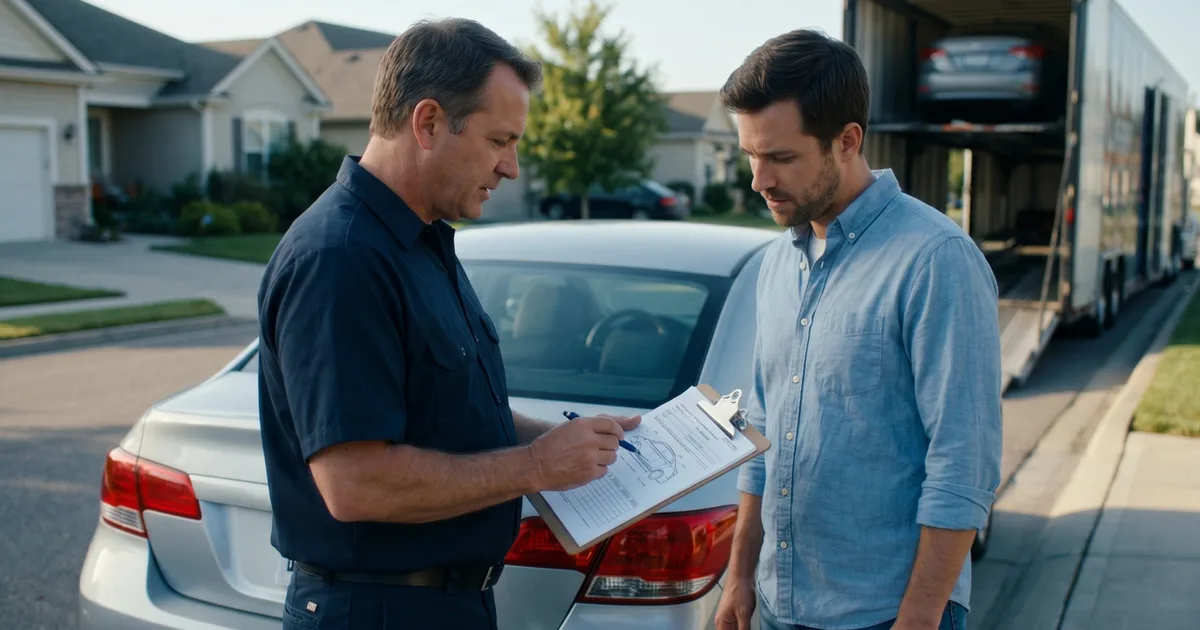 Driver and customer reviewing a bill of lading at vehicle pickup with auto transport trailer in background