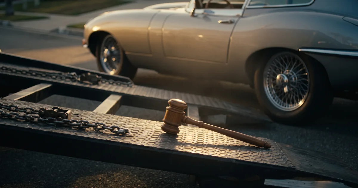 Wooden auction gavel resting on the loading ramp of an open car carrier, with a classic sports car waiting to be shipped after a Bring a Trailer auction
