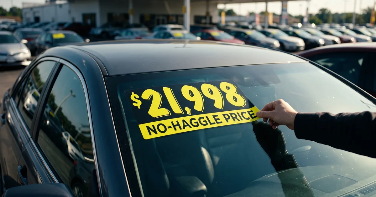 Hand reaching for the corner of a bright yellow no-haggle price sticker on a used car windshield at a car superstore lot