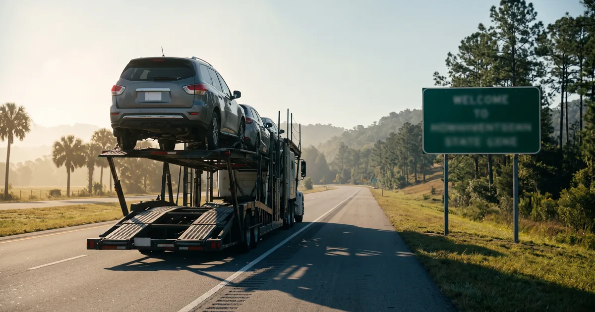 SUV being loaded onto an open auto transport trailer outside a dealership after an out-of-state purchase