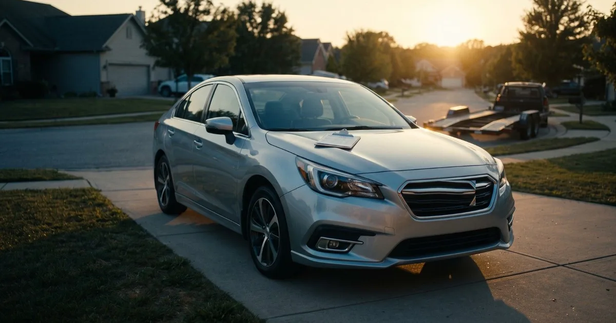 Car being inspected for damage at delivery next to an open auto transport trailer