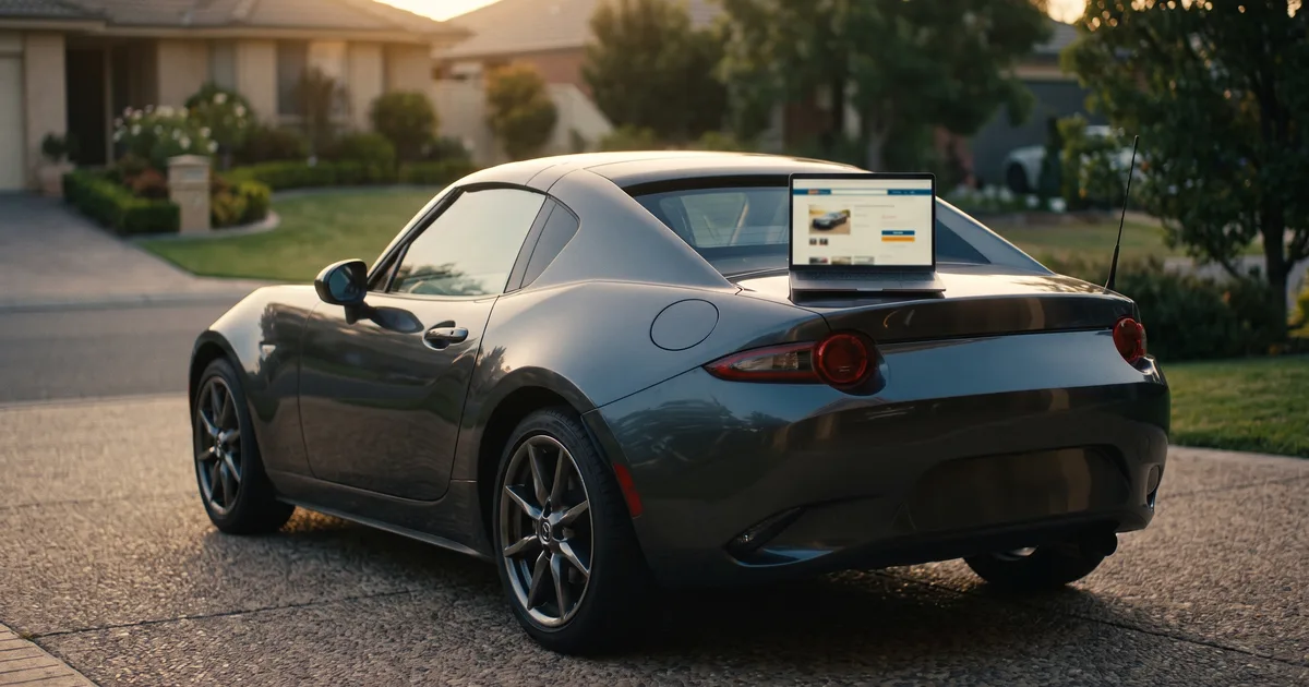 Modern enthusiast sports car being loaded into an enclosed auto transport trailer after an online auction purchase
