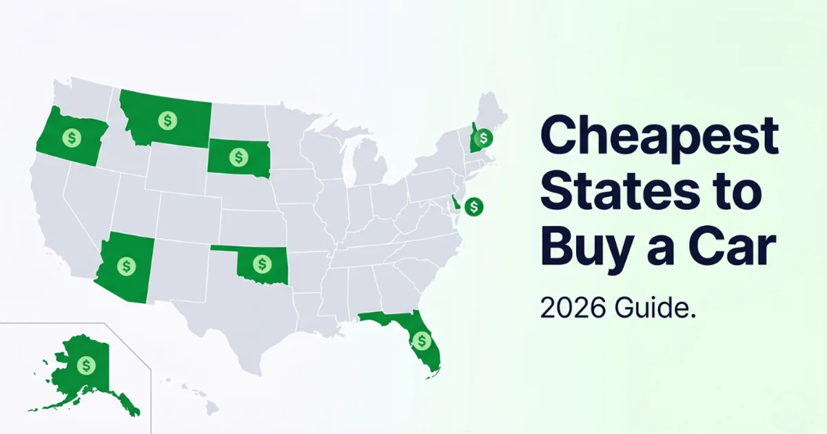 US map highlighting the cheapest states to buy a car in 2026, including Oregon, Montana, South Dakota, Oklahoma, Arizona, Florida, Delaware, New Hampshire, and Alaska