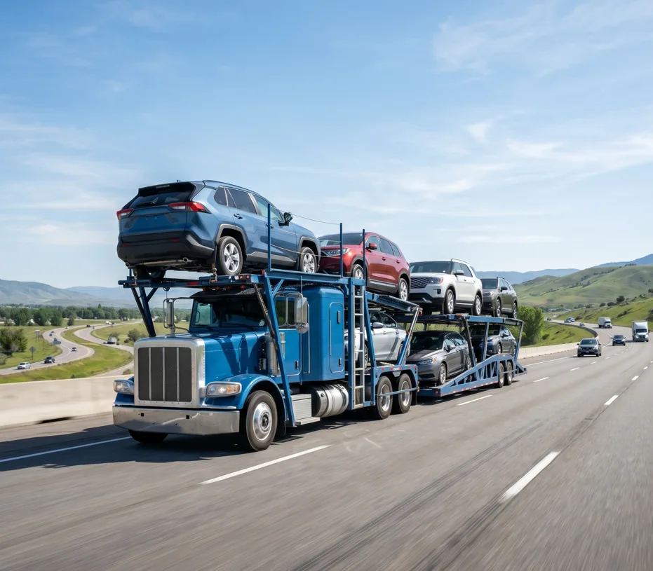 Blue open car-hauler trailer loaded with vehicles on a highway, the cheapest way to ship a car