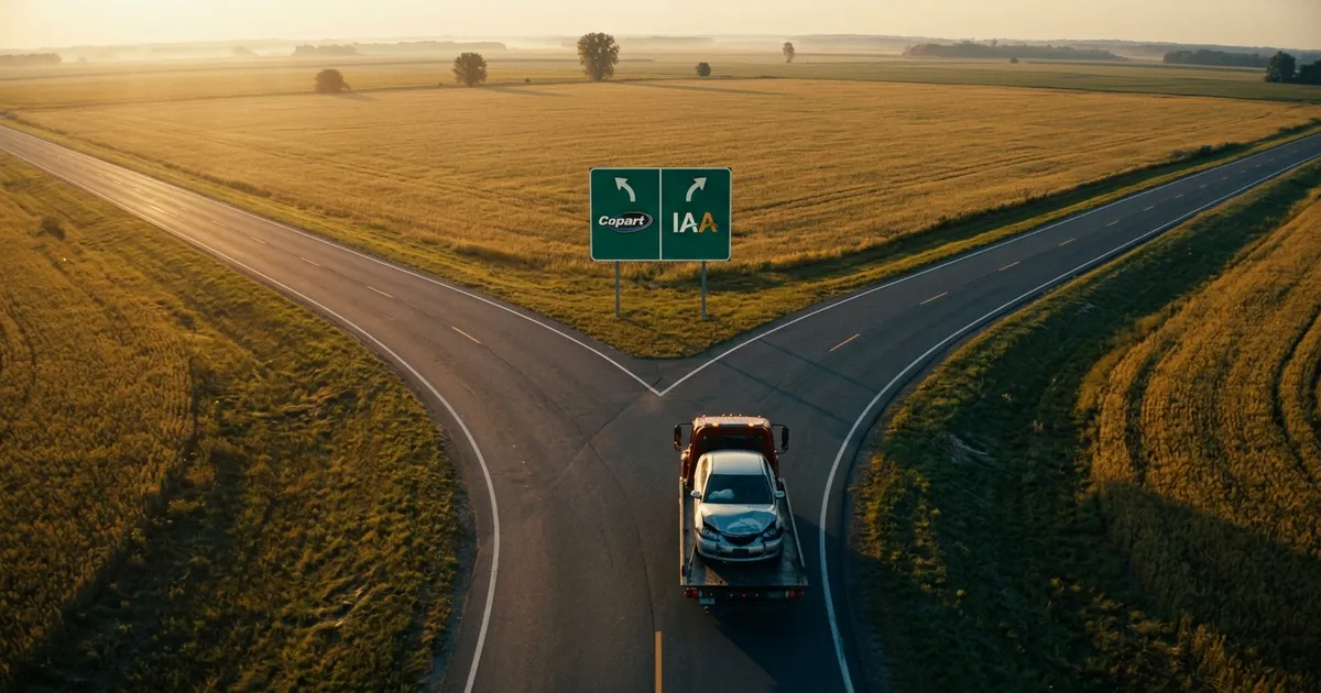 Aerial view of a flatbed tow truck carrying a damaged sedan toward a highway fork with a sign pointing left to Copart and right to IAA