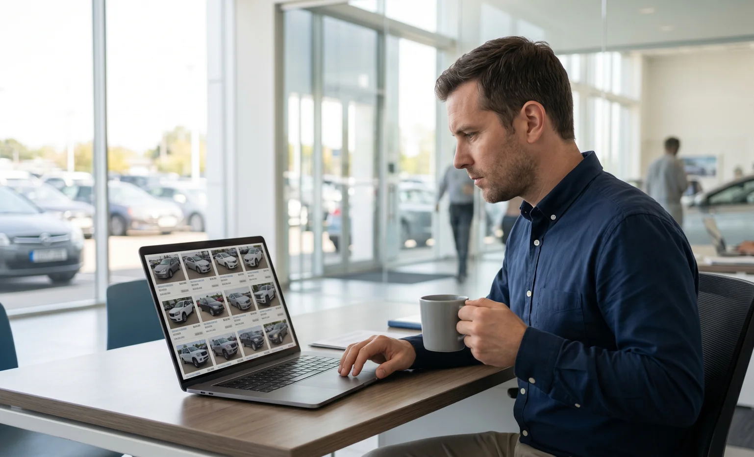 Licensed auto dealer reviewing wholesale vehicle inventory on a laptop inside a modern dealership office