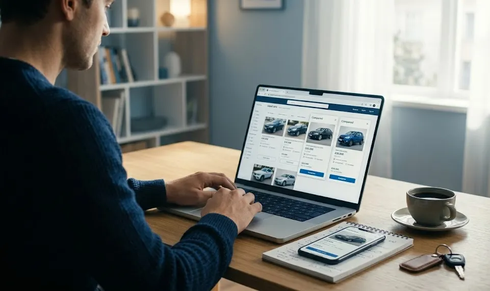 Car shopper comparing vehicle prices and reviews on the Edmunds website on a laptop