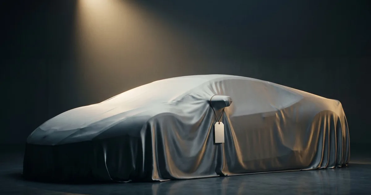 Supercar under a fitted car cover with a blank price tag hanging from the mirror, spotlit in a dark studio