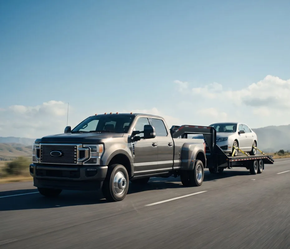 A one-ton dually pickup truck towing a gooseneck trailer loaded with a single car on an open highway