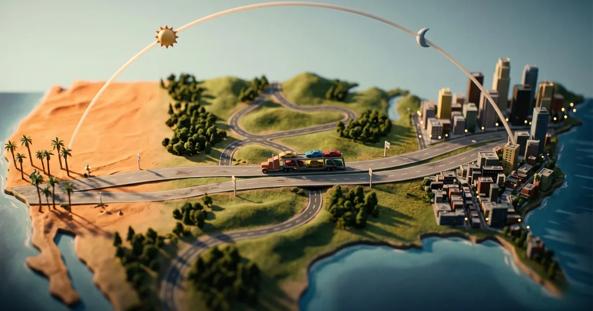 Miniature car transport truck traveling along a highway map with clock markers showing shipping transit days