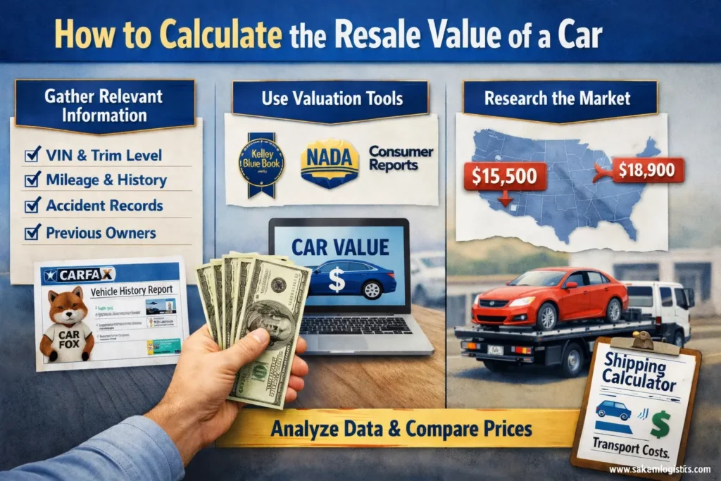 Infographic showing steps to calculate a car's resale value with keys, cash, laptop, and map