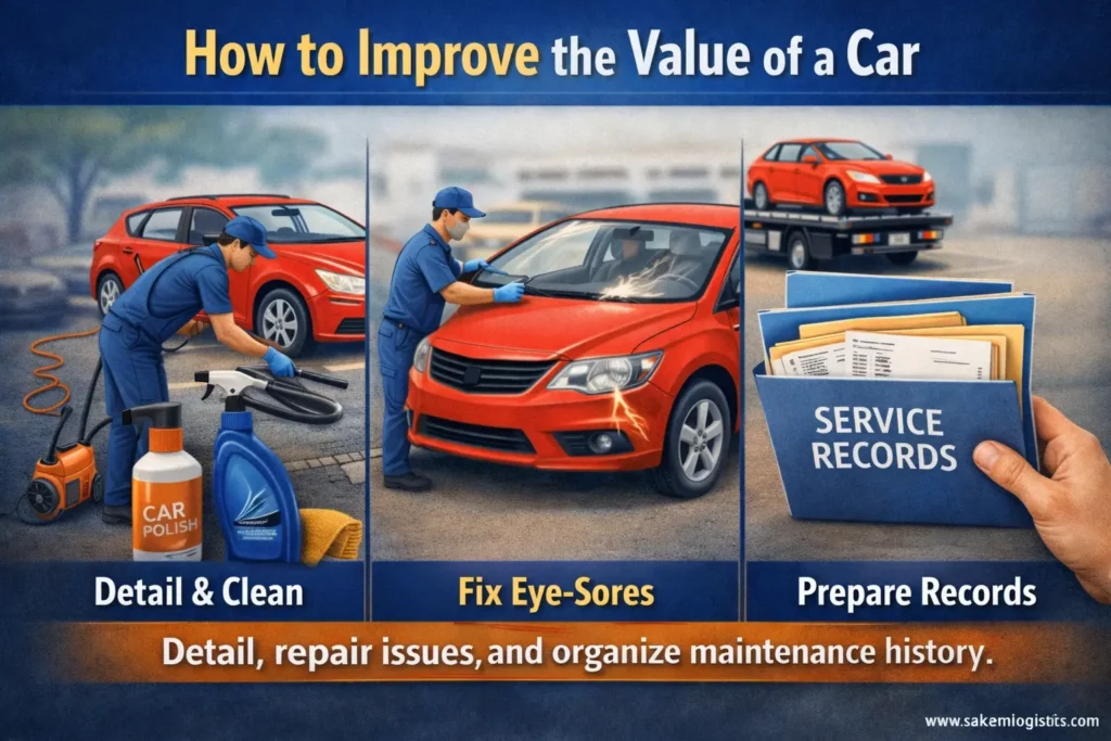 Steps to improve a car's value with professional detailing, fixing damages like headlights and windshield, organizing service records, and optional car shipping