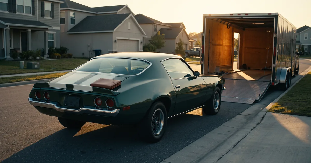 Classic American coupe being loaded into an enclosed auto transport trailer after a private sale