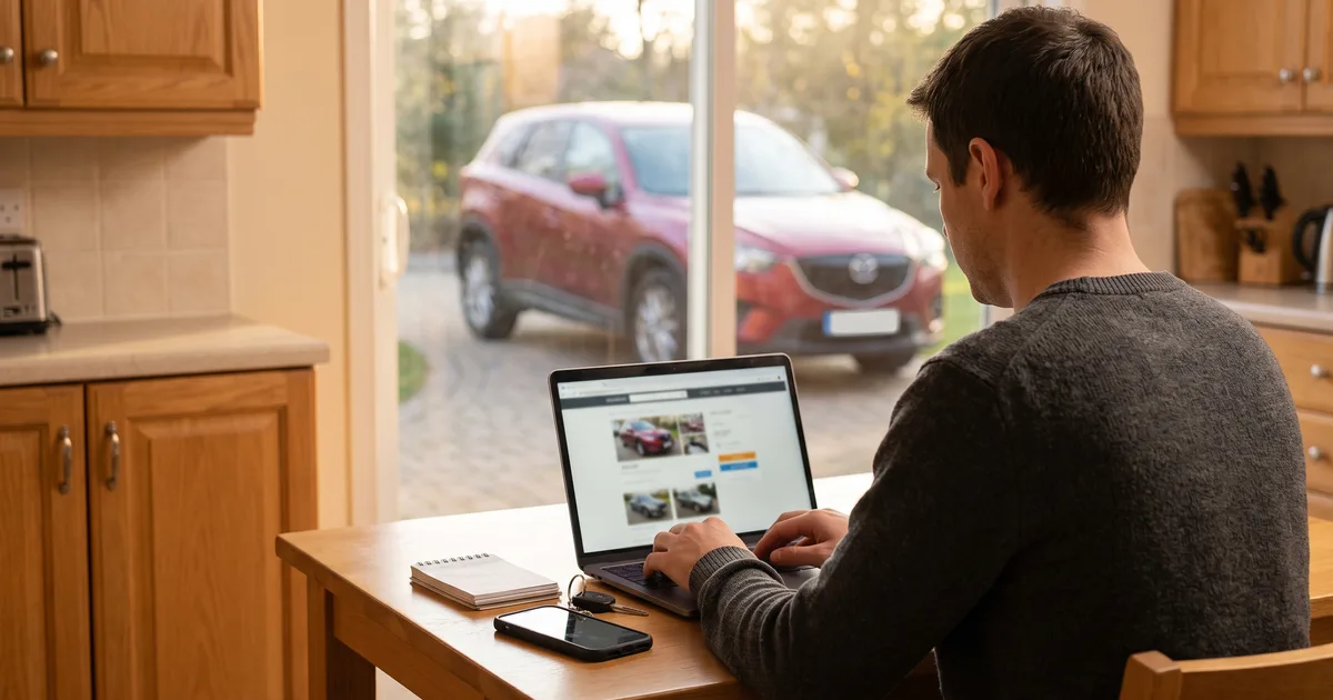 Car owner creating an Autotrader listing on a laptop with their red crossover parked outside