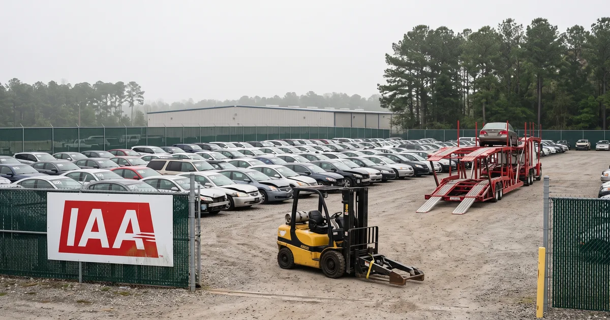 IAA auction branch yard with rows of salvage vehicles, a forklift and a red open car hauler loading a sedan