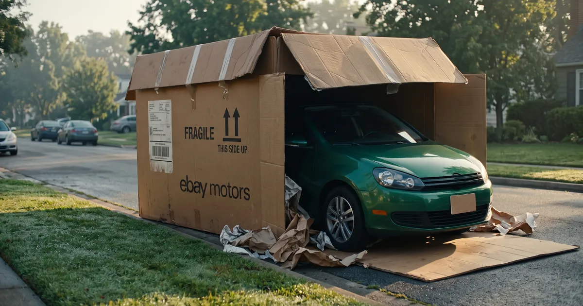 Green hatchback rolling out of a giant open eBay Motors cardboard shipping box on a suburban curb, as if a car bought on eBay had been delivered like a parcel