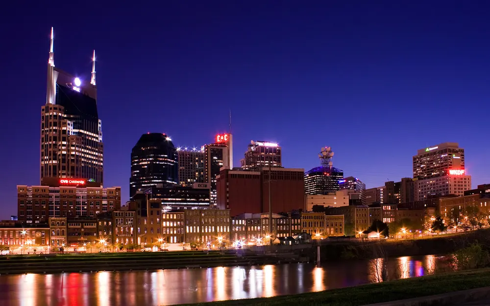 Nashville Tennessee skyline at night, a leading destination for interstate moves in 2026