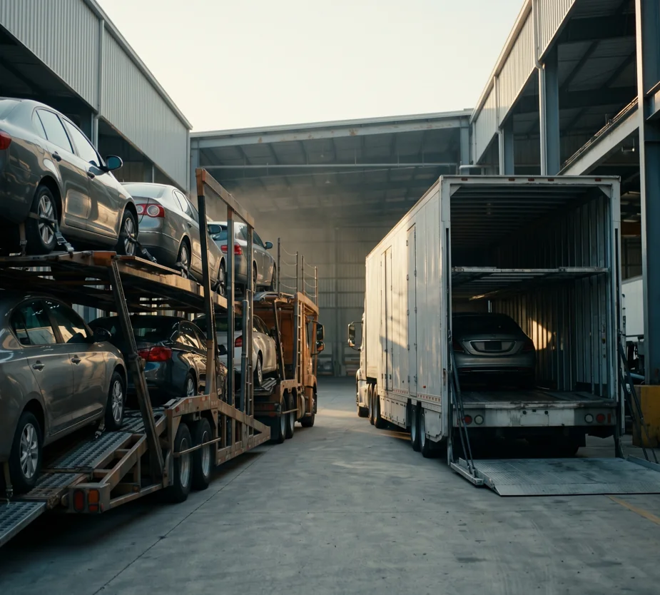 Open and enclosed auto transport carriers side by side at a logistics facility