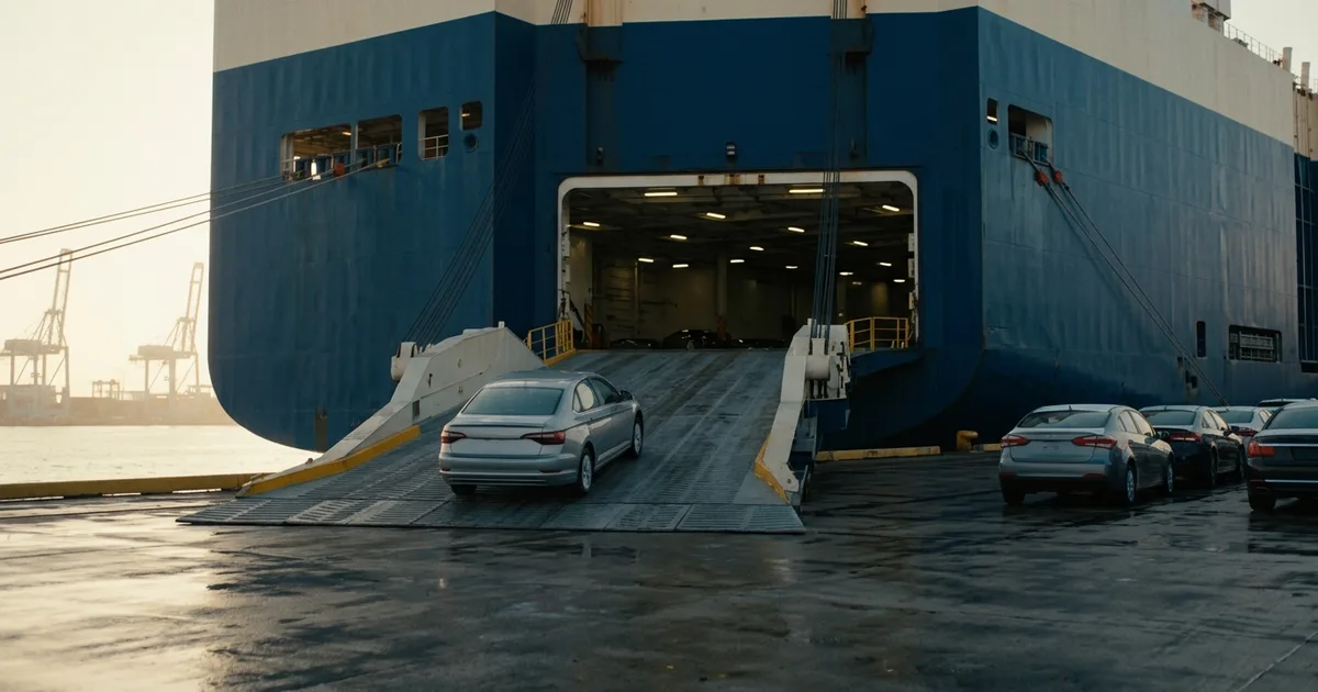 Cars driving up the stern ramp of a roll-on roll-off vessel at a US port during RoRo shipping