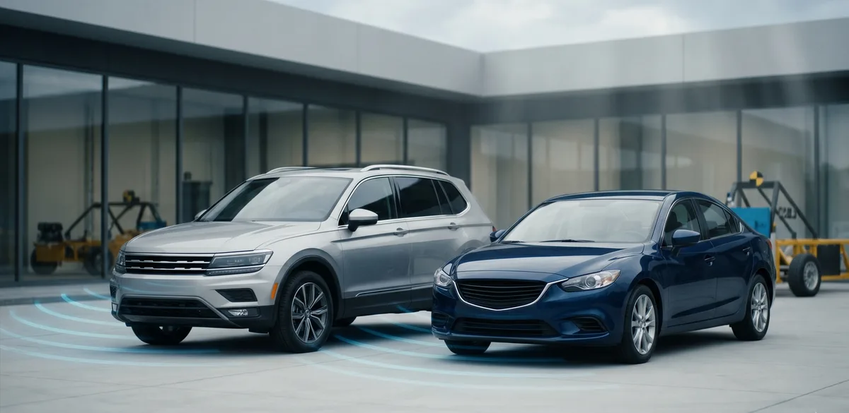A family SUV and sedan rated for top safety parked outside a vehicle crash-test facility
