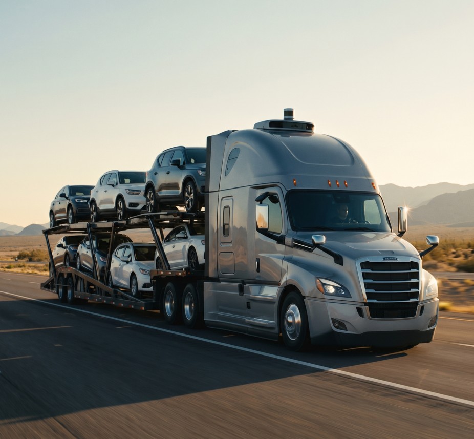 Autonomous self-driving truck on a highway, illustrating the future of car shipping and auto transport