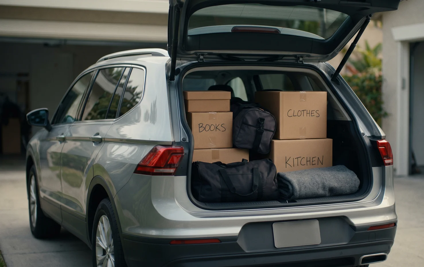 Open SUV hatch with labeled moving boxes and duffel bags packed in the rear cargo area for cross-country auto transport