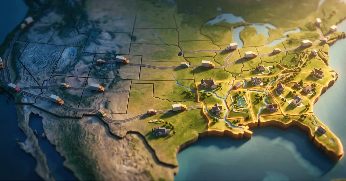 Miniature 3D map of the United States with moving trucks traveling from the coasts toward the glowing Southeastern states