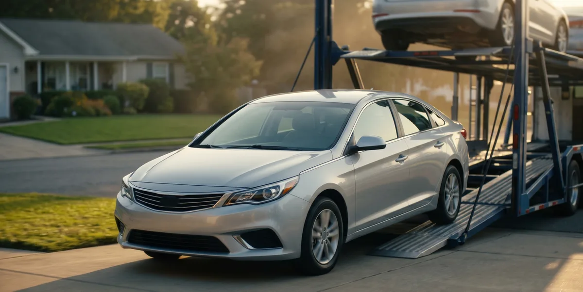 A newly purchased car being delivered off an open auto-transport trailer onto a suburban driveway