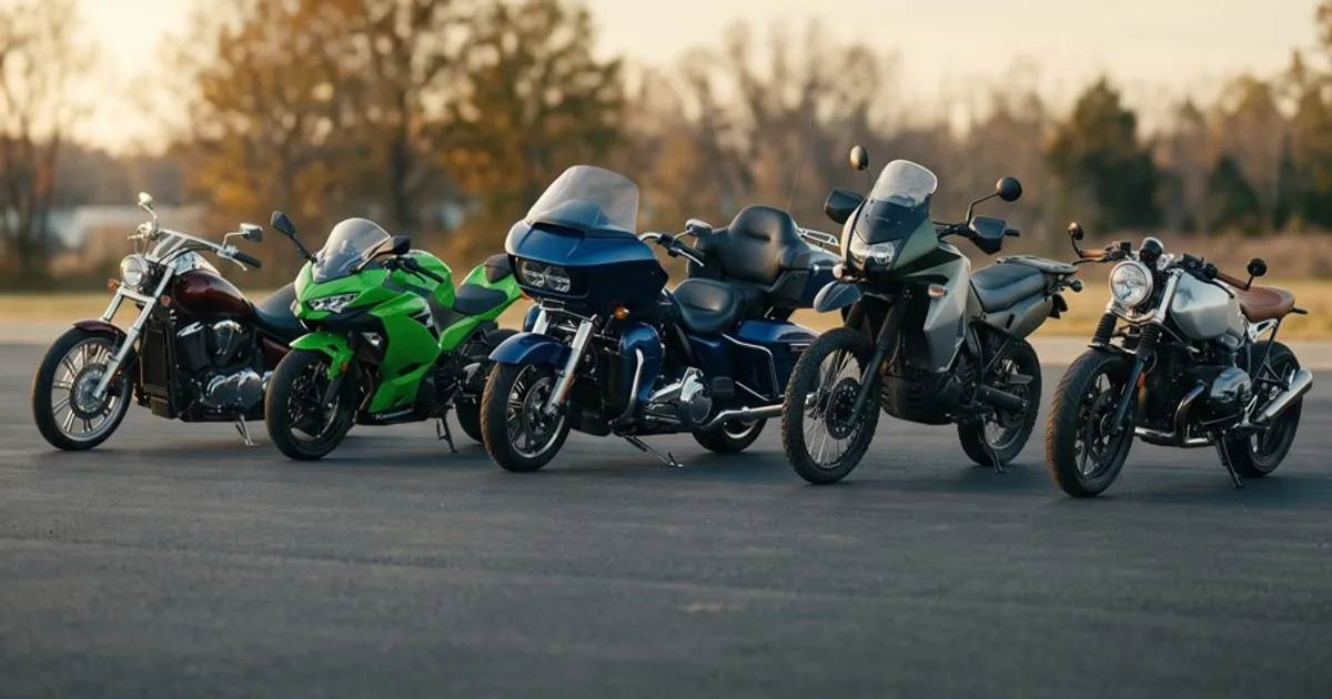 Four different types of motorcycles including a cruiser, dual-sport, retro standard, and naked bike loaded on an open transport trailer