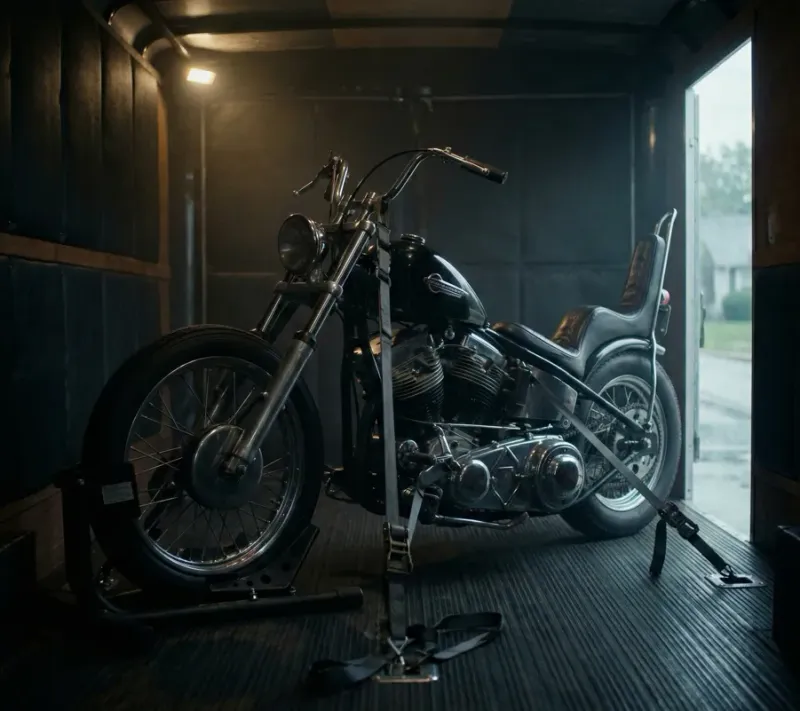 Custom chopper motorcycle strapped down inside an enclosed transport trailer