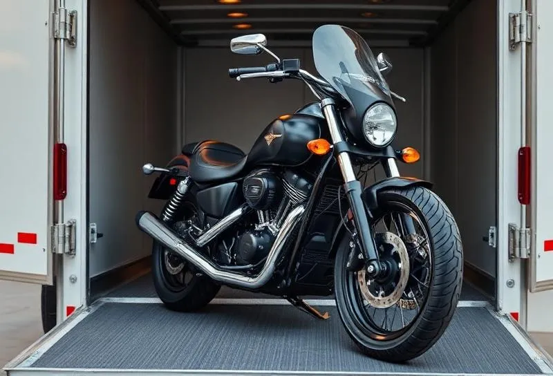 Black cruiser motorcycle secured inside an enclosed transport trailer