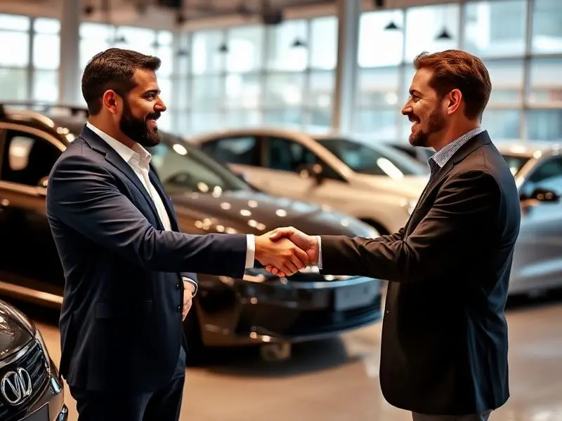 Car reseller shaking hands with customer at dealership