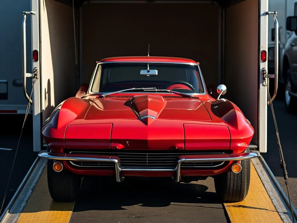 Classic car being loaded into enclosed trailer with liftgate