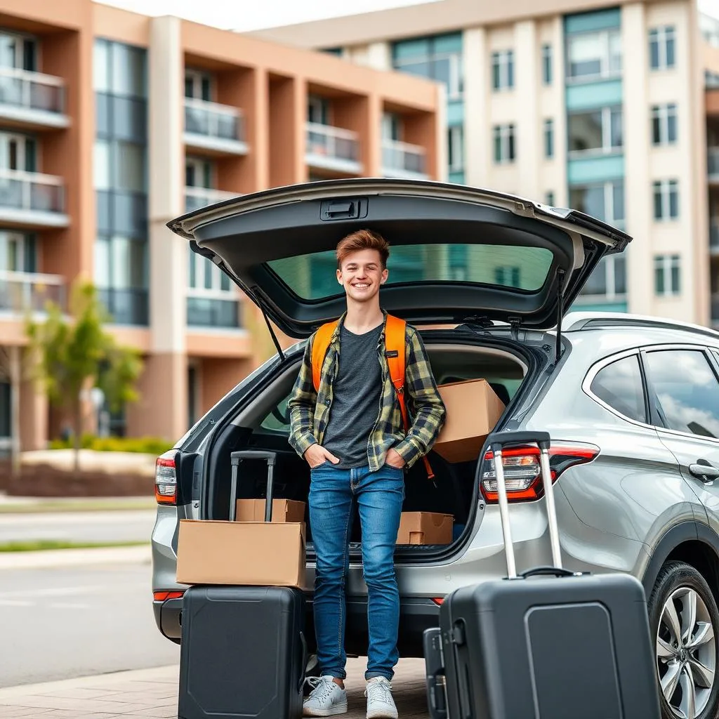 College student with car at university campus during move-in day