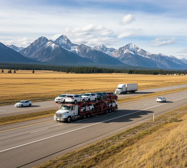 Car carrier truck transporting vehicles across interstate highway