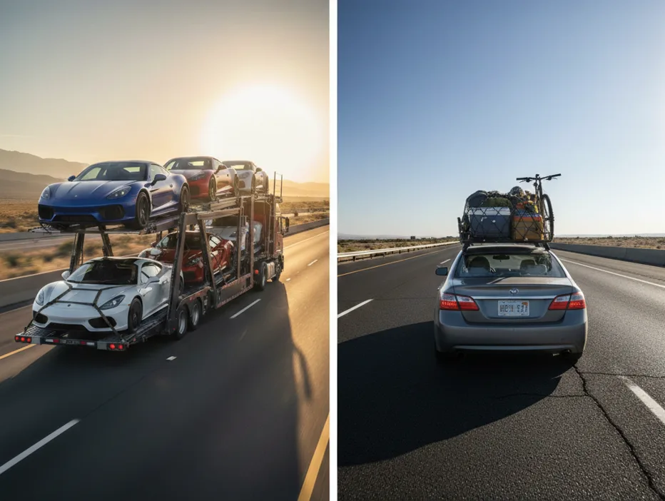 Car carrier truck on interstate vs car driving on long highway