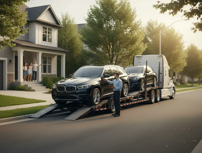 Car carrier delivering vehicle to residential home for door-to-door shipping