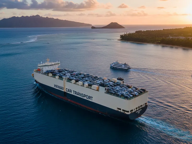 Car transport vessel carrying vehicles across Hawaiian waters with Diamond Head in the background