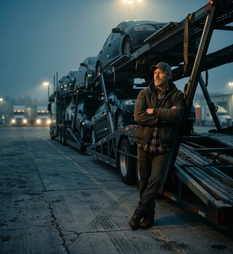 Car carrier truck driver with transport trailer