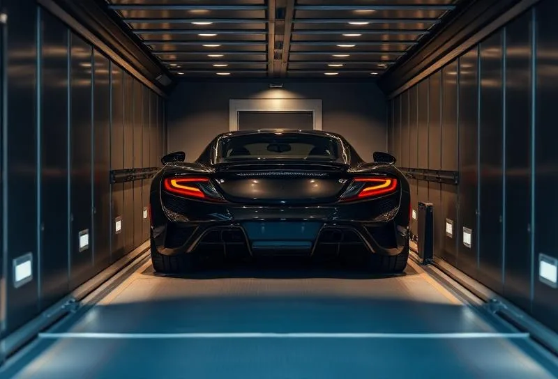 Exotic vehicle being loaded in an enclosed trailer