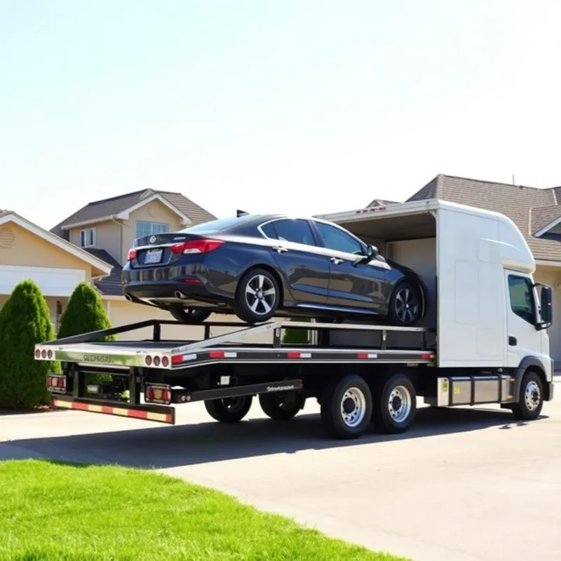 Open car carrier trailer with vehicles being loaded for transport