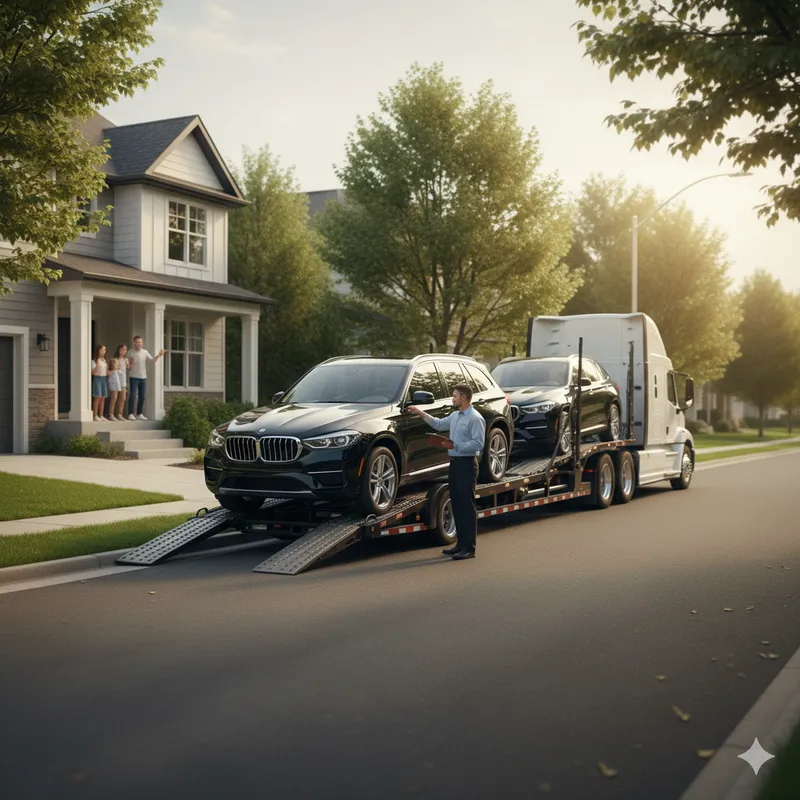 Professional car relocation service with vehicle on transport trailer