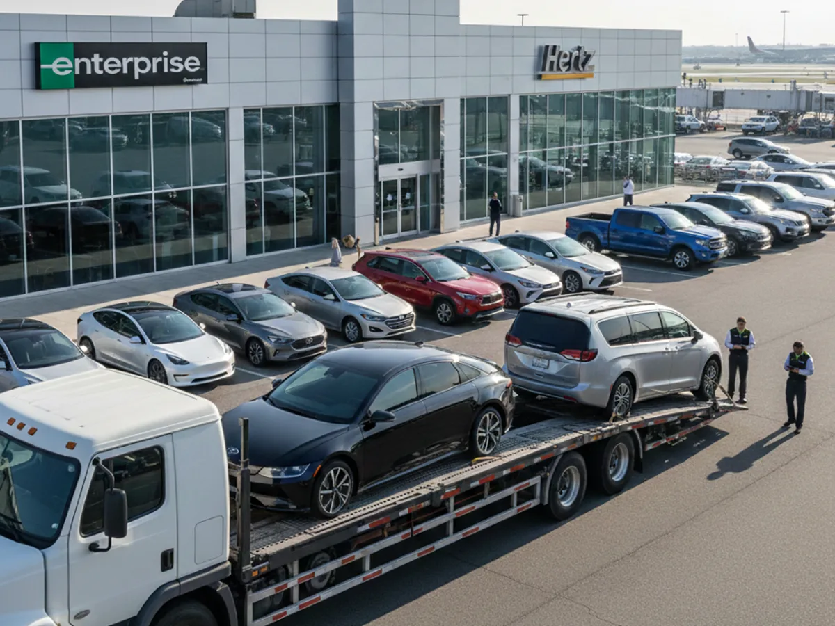 Rental car fleet at branch location ready for transport